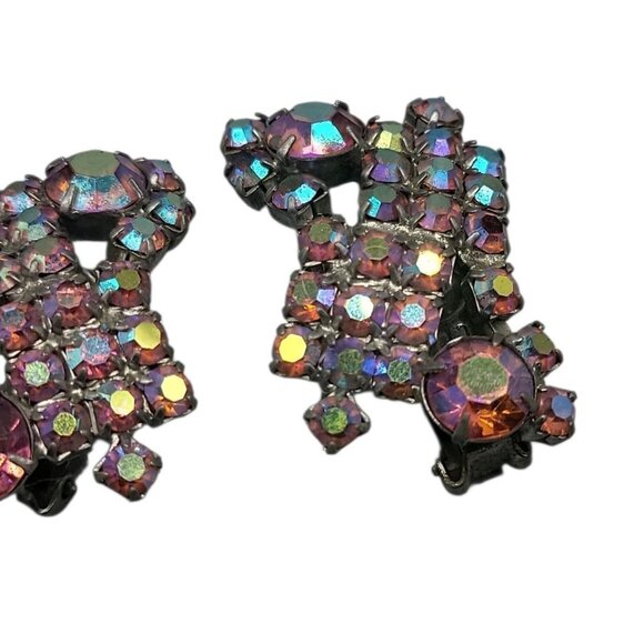 Alice Caviness Multi-Colored Aurora Borealis Clip On Earrings VTG Unsigned - Picture 6 of 13